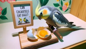 Kan parkieten eieren eten? Cockatiel onderzoekt gebroken ei naast bord met vraag.