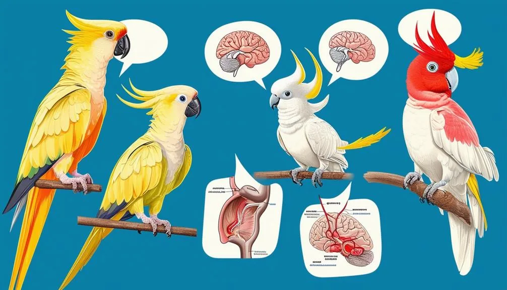Vergelijking van papegaaien anatomie: geel en rood met hersenen, gehoor, hart en longen.
