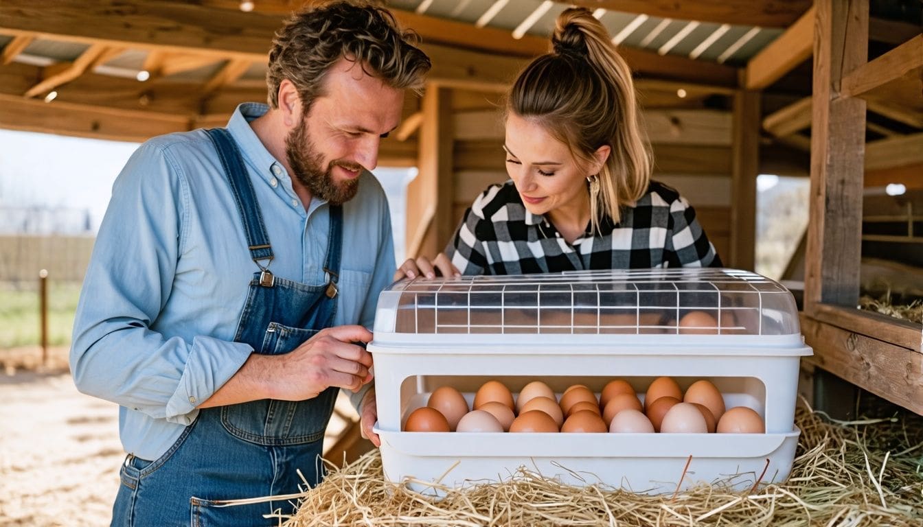 Couple carefully monitors homemade chicken egg incubator for first chicks.