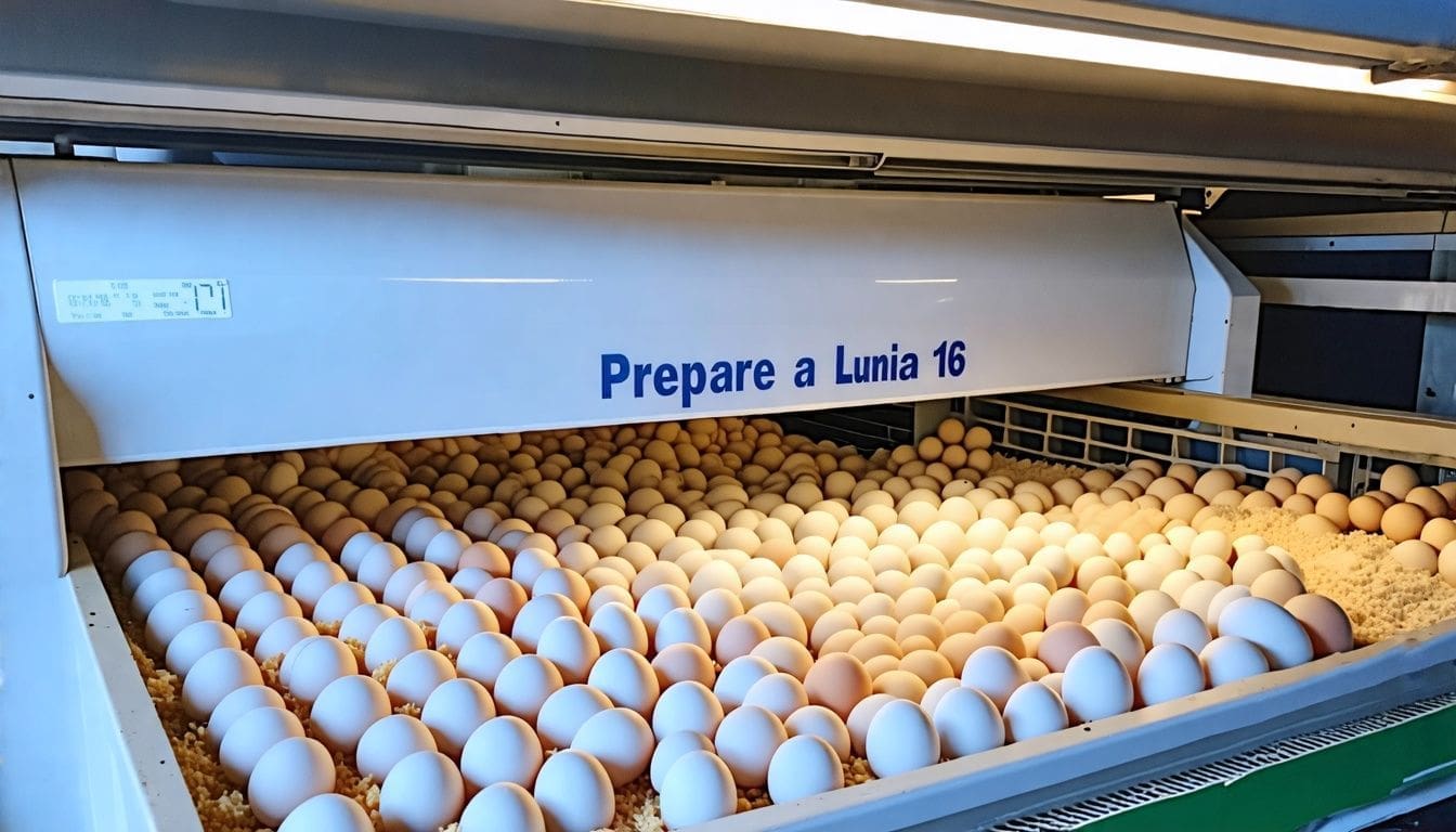 A Borotto Lumia 16 incubator set up in a clean and well lit room with a carefully controlled temperature, with an array of chicken eggs ready to be placed in the incubator for incubation.